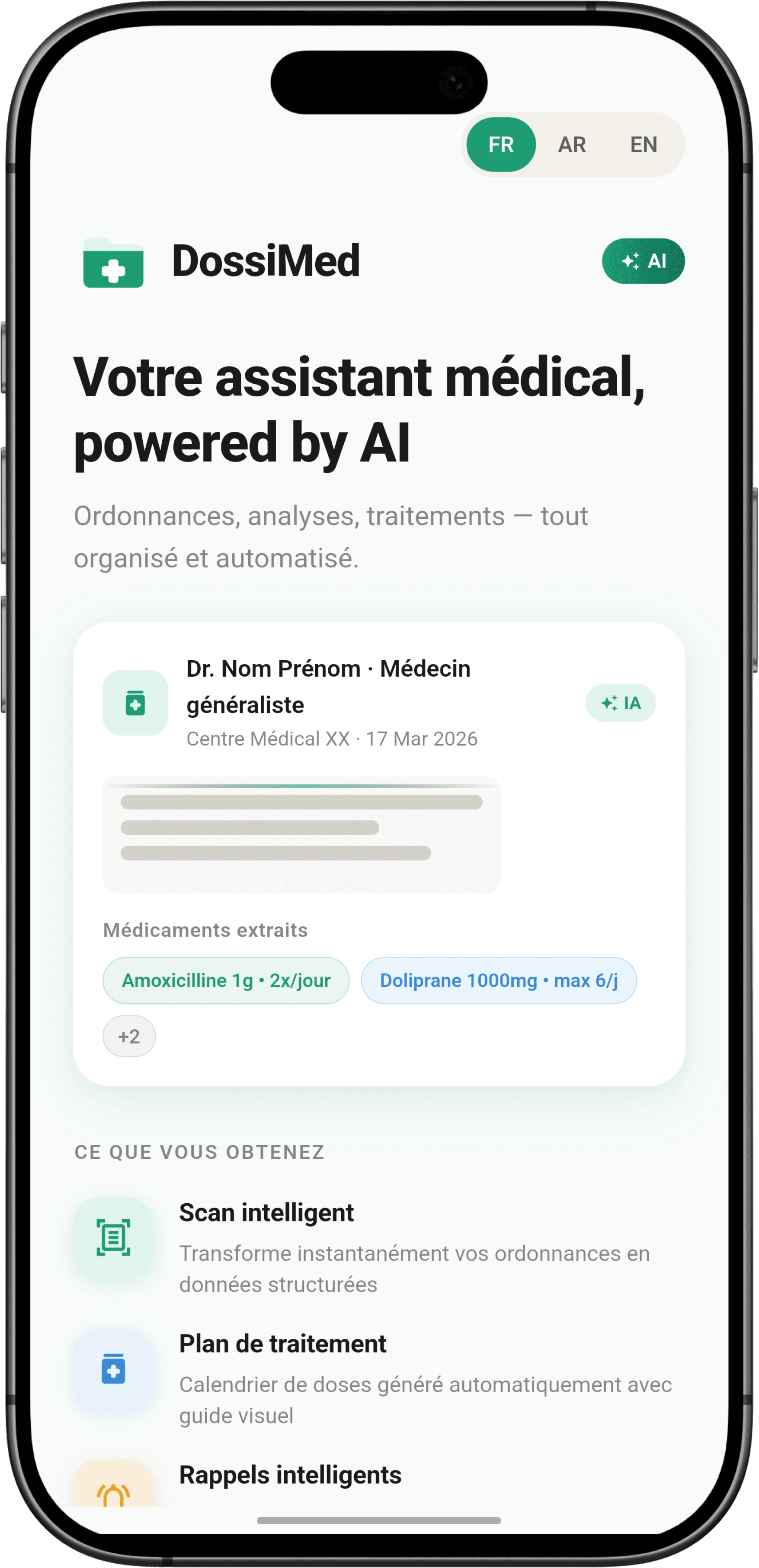 Home app screen with AI summary, extracted medication cards and treatment plan