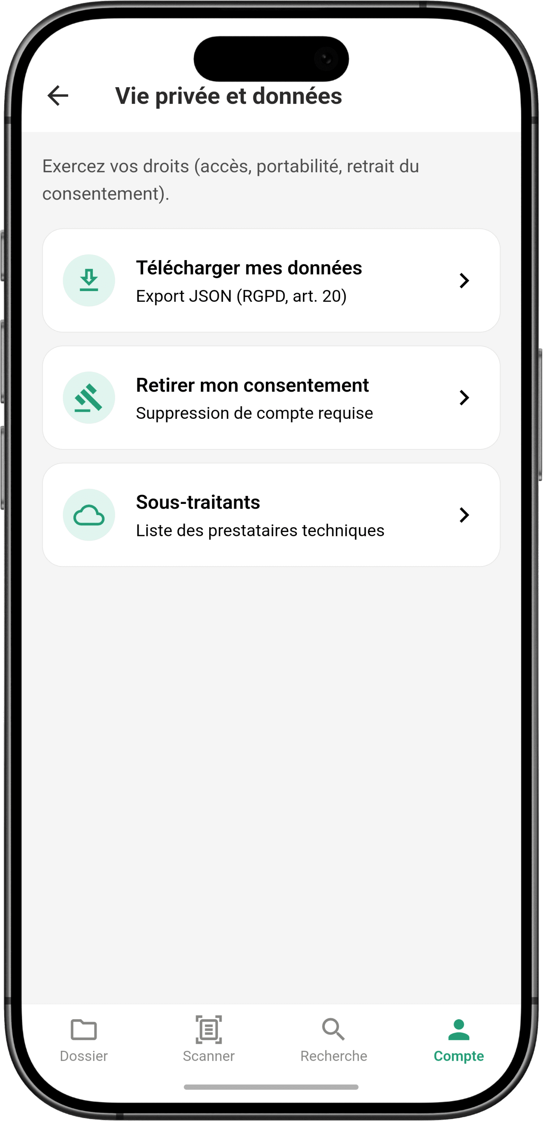 Security settings screen