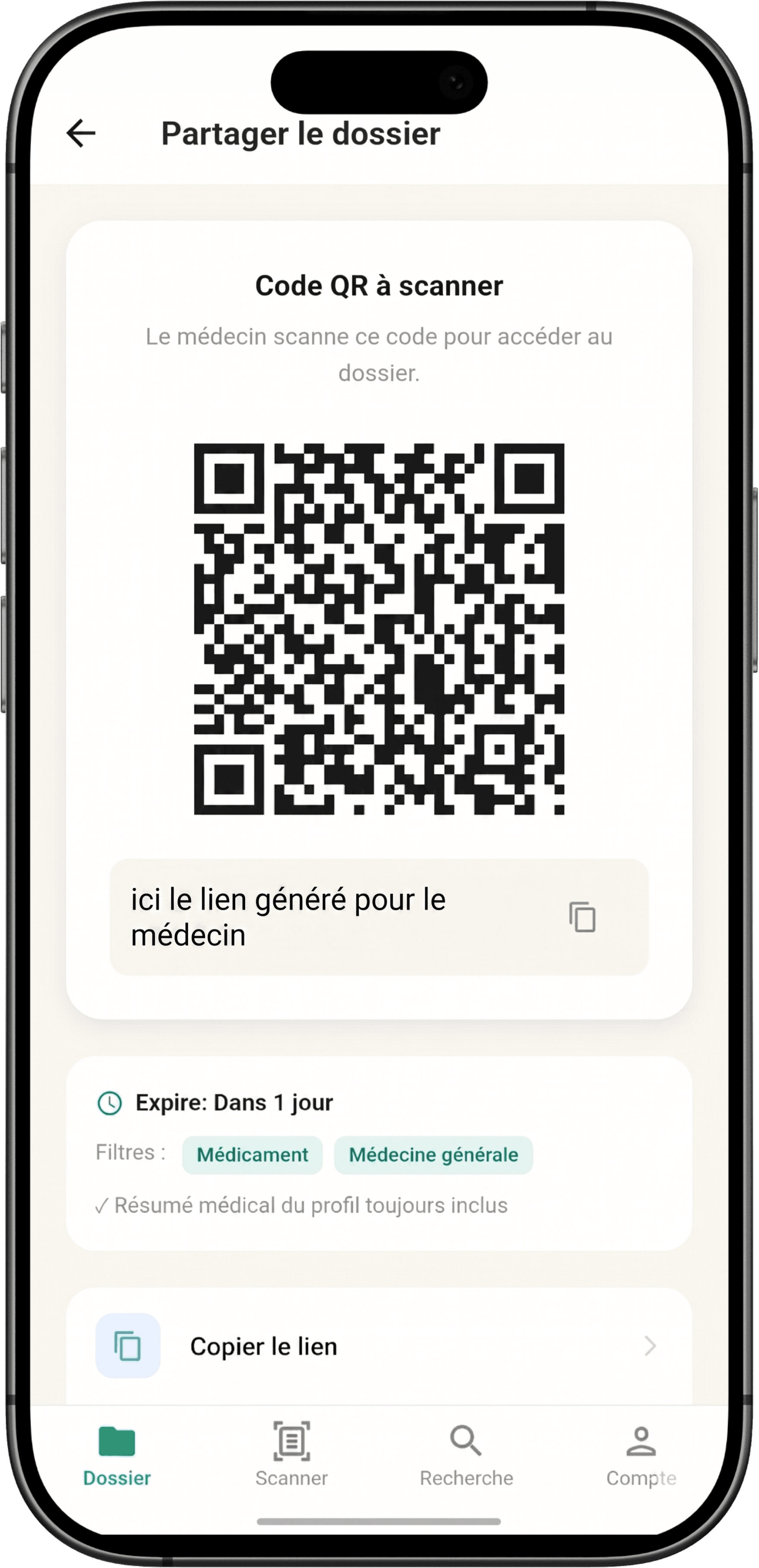 Patient — QR code generated to share the medical record