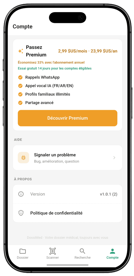 Account screen with discover premium teaser and language settings